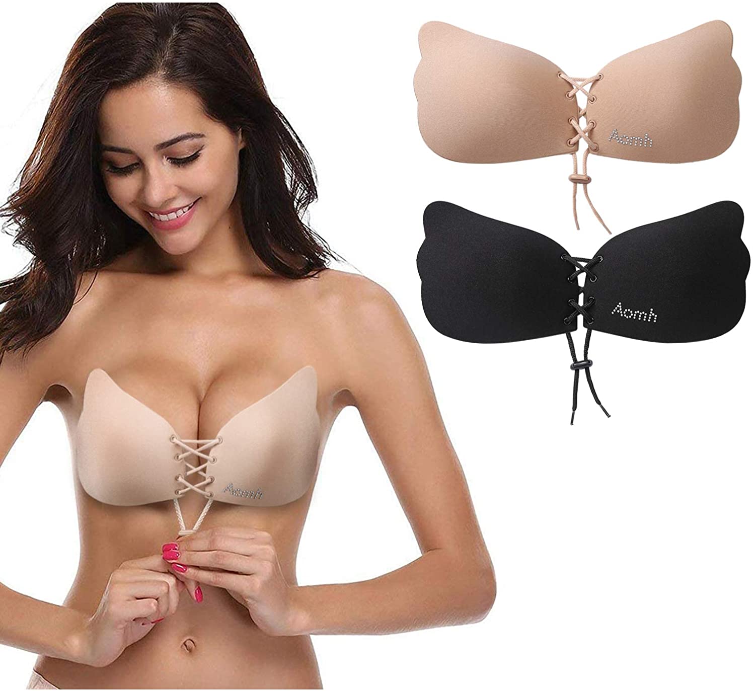 Womens Strapless Bra Self Adhesive Silicone Push Up With Drawstring- Black White